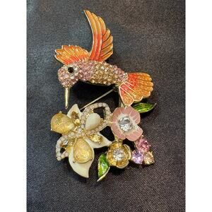 Vintage Anne Klein Hummingbird Brooch 3” Rhinestone Enamel Floral